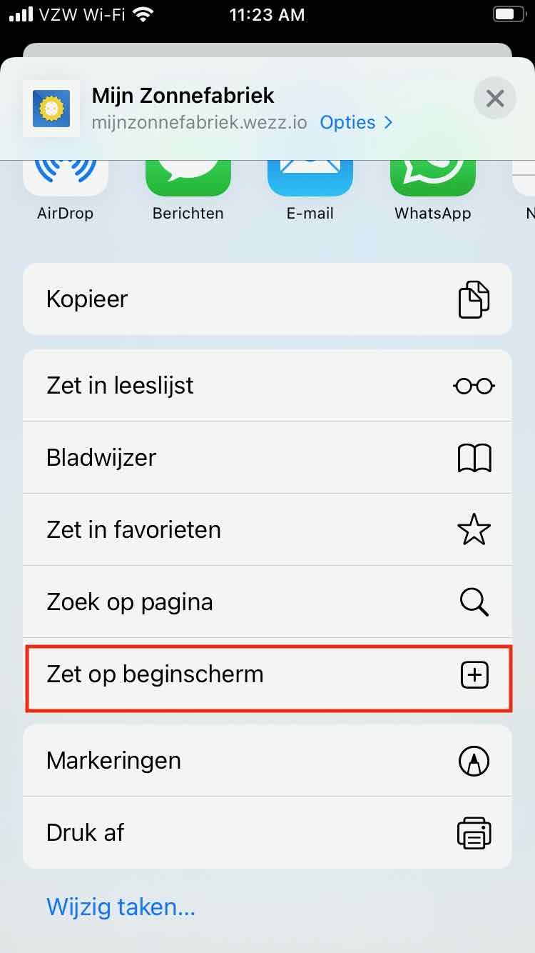 Het icoontje voor 'zet op beginscherm'
