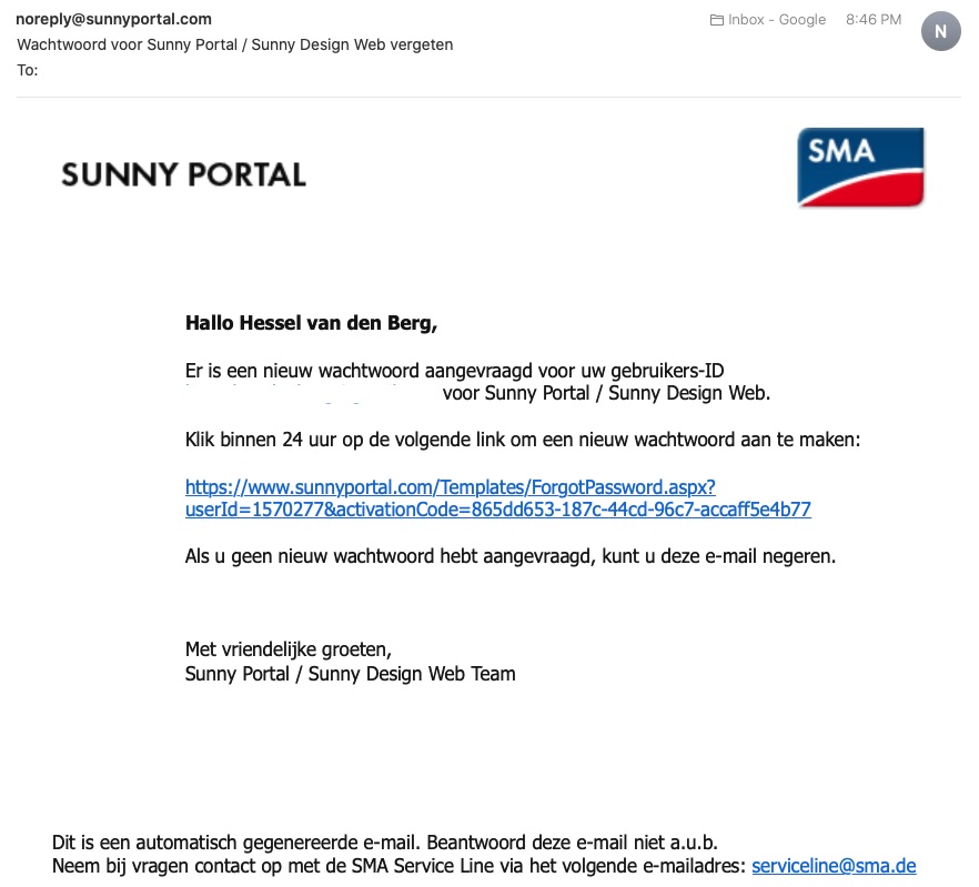 email van sunny portal voor nieuw wachtwoord