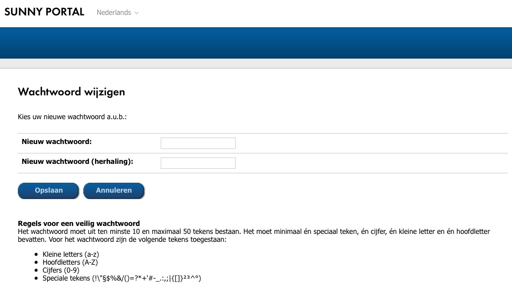 wachtwoord wijzigen pagina in Sunny Portal
