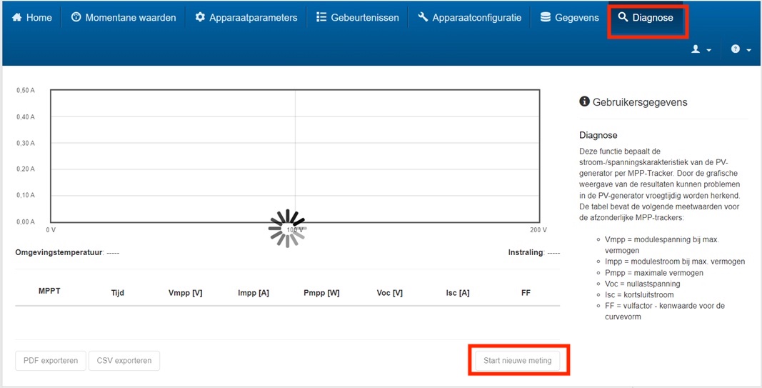 Klik op 'diagnose' rechtsboven en vervolgens op 'start nieuwe meting'