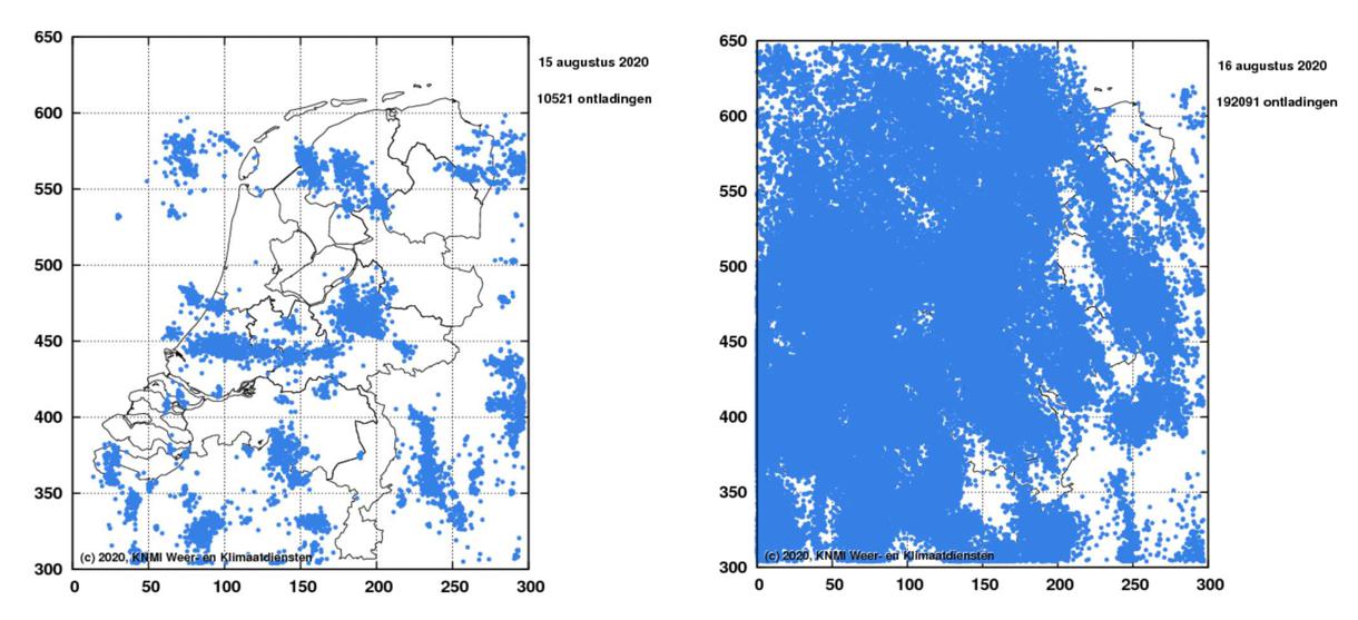 De blauwe stippen geven de blikseminslagen weer in Nederland op 15 (links) en 16 (rechts) augustus: rechts is Nederland nauwelijks zichtbaar onder alle inslagen! (Bron: KNMI onweerarchief)