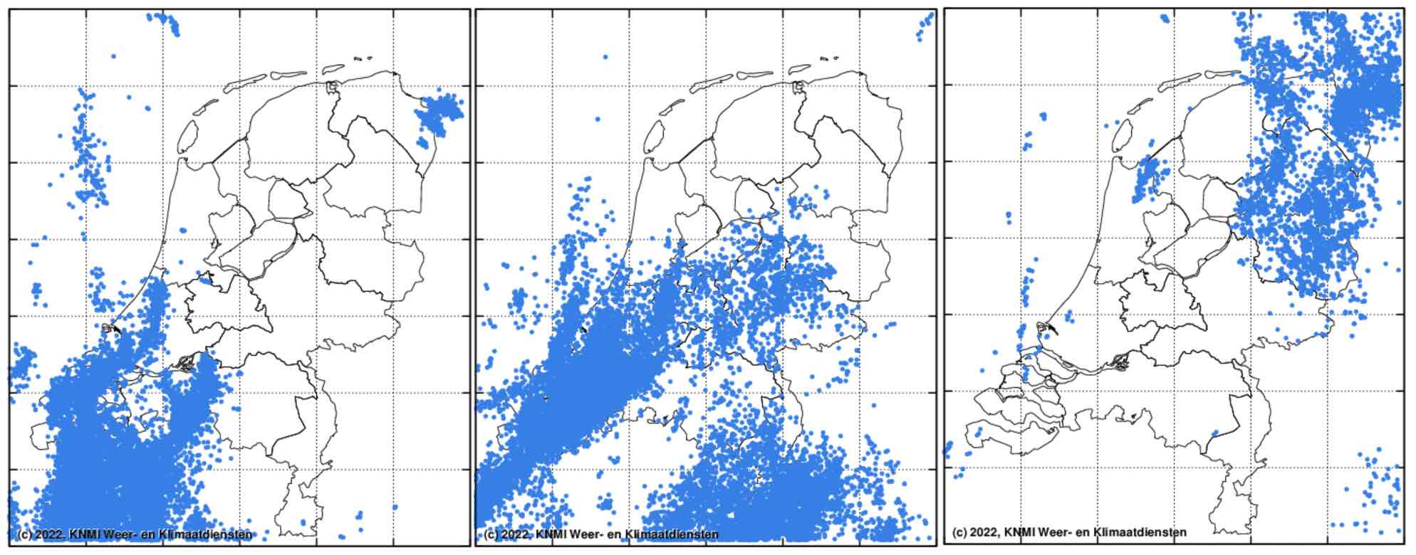 Blikseminslagen in Nederland van 5, 6 en 7 september 2022 (van links naar rechts). Bron: KNMI