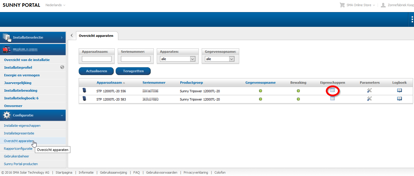 Sunny portal overzicht apparaten eigenschappen