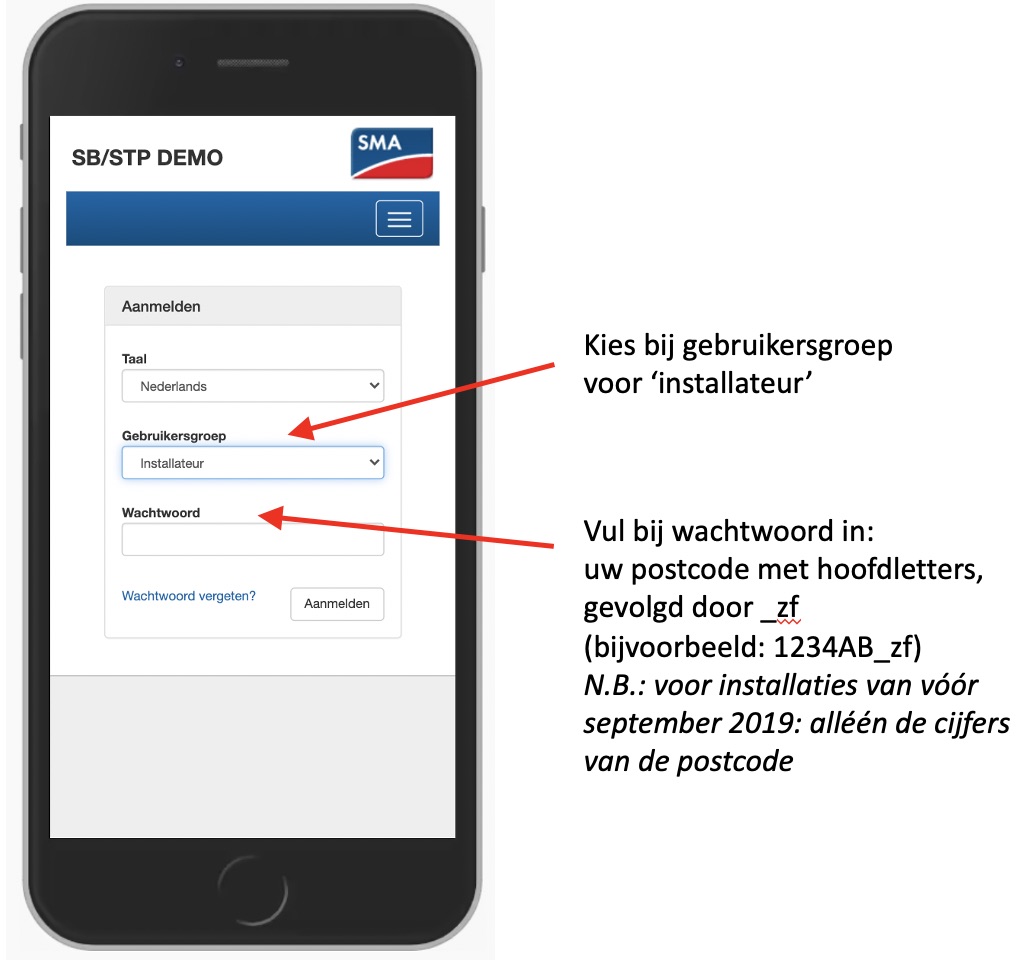 Inloggen met installateurswachtwoord